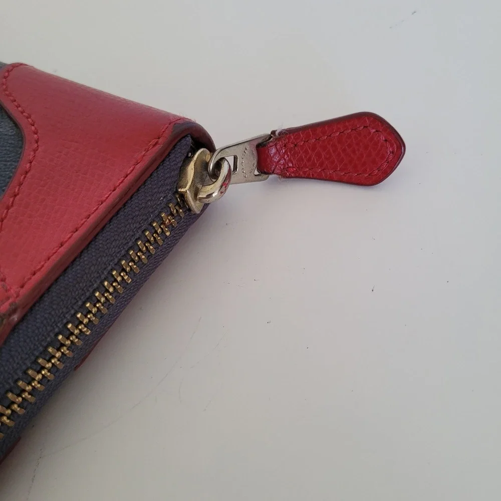 Coach Signature Accordion Zip Wallet Charcoal Red Leather Trim Studded F54007